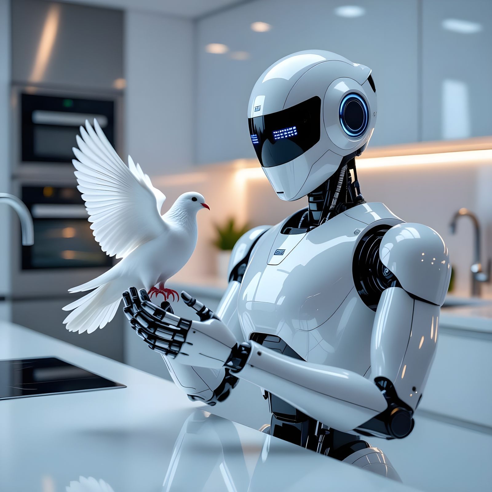 Robot Butler Holds Dove in Futuristic Kitchen