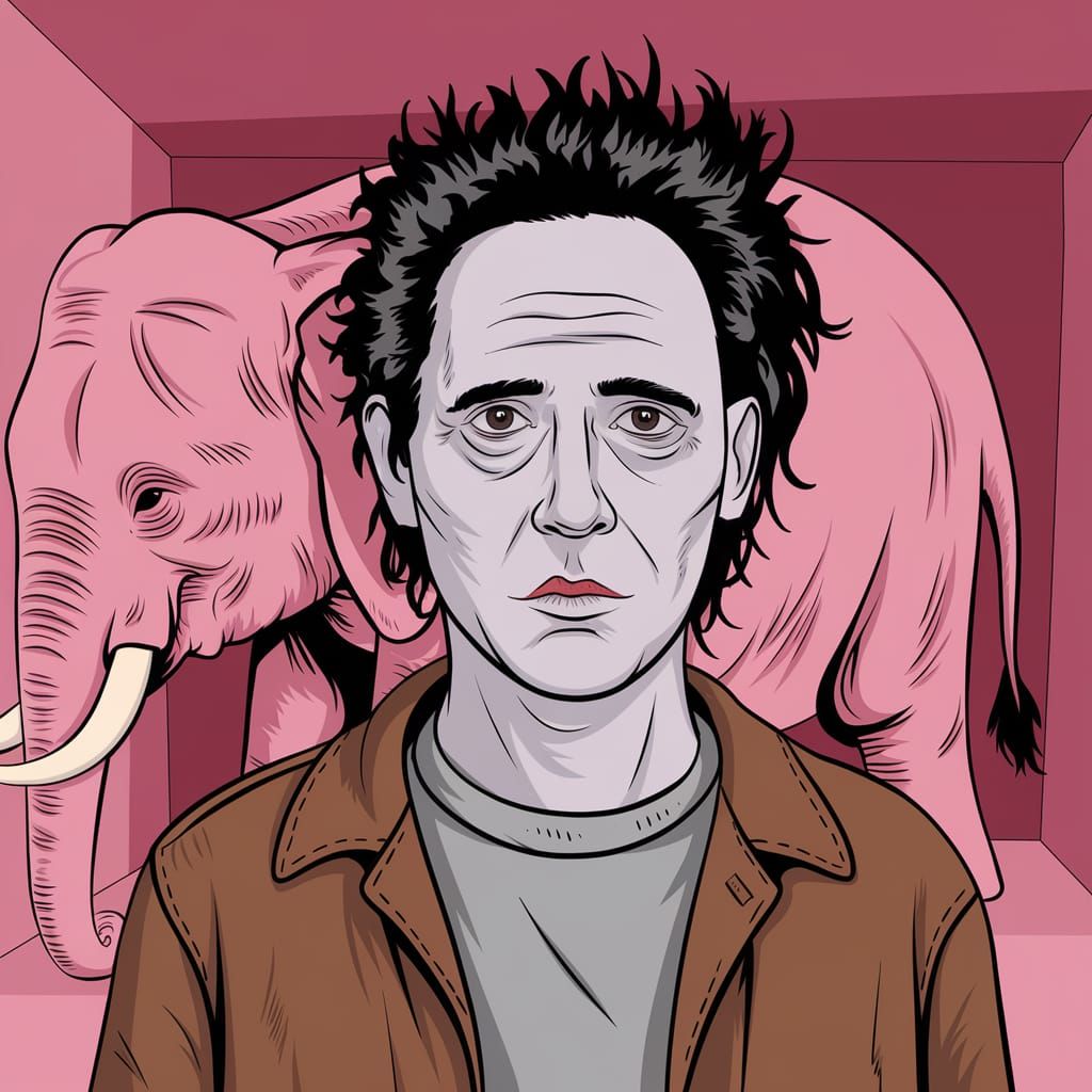 Surreal Nightmare Illustration with Pink Elephant