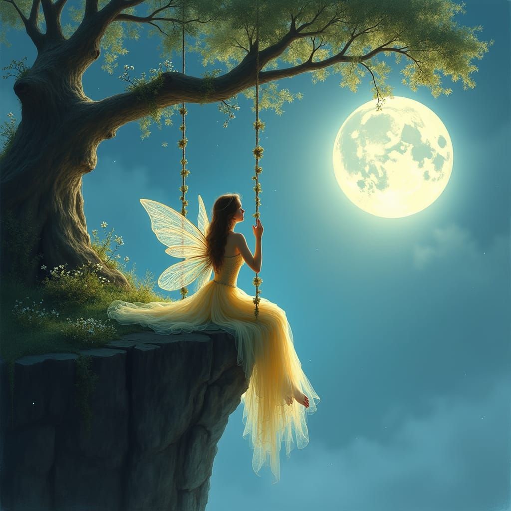 Fairy on Cliffside Swing in Moonlight
