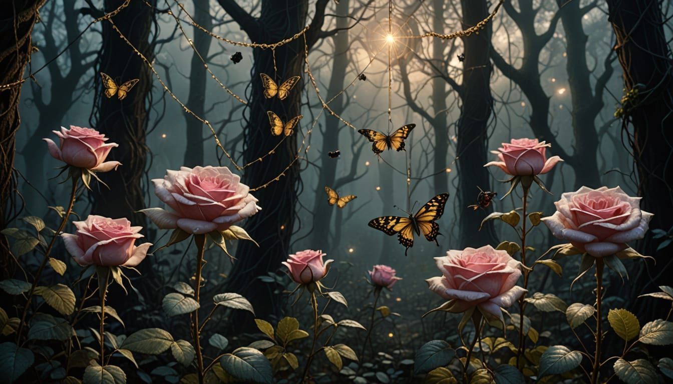 Mystical Forest with Roses, Butterflies, and Golden Light