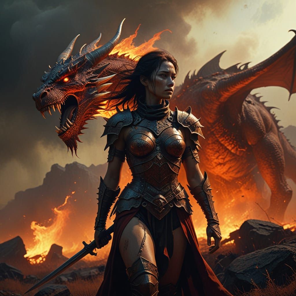 Epic Dragon Warrior Empowered by Fiery Battlefield