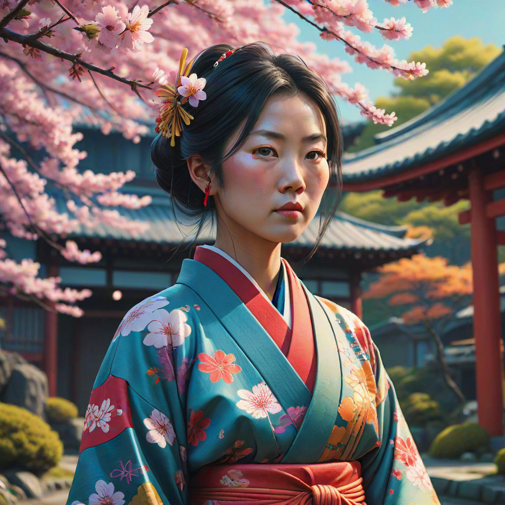 Hyperrealistic Asian Woman in Traditional Kimono, Set Agains...