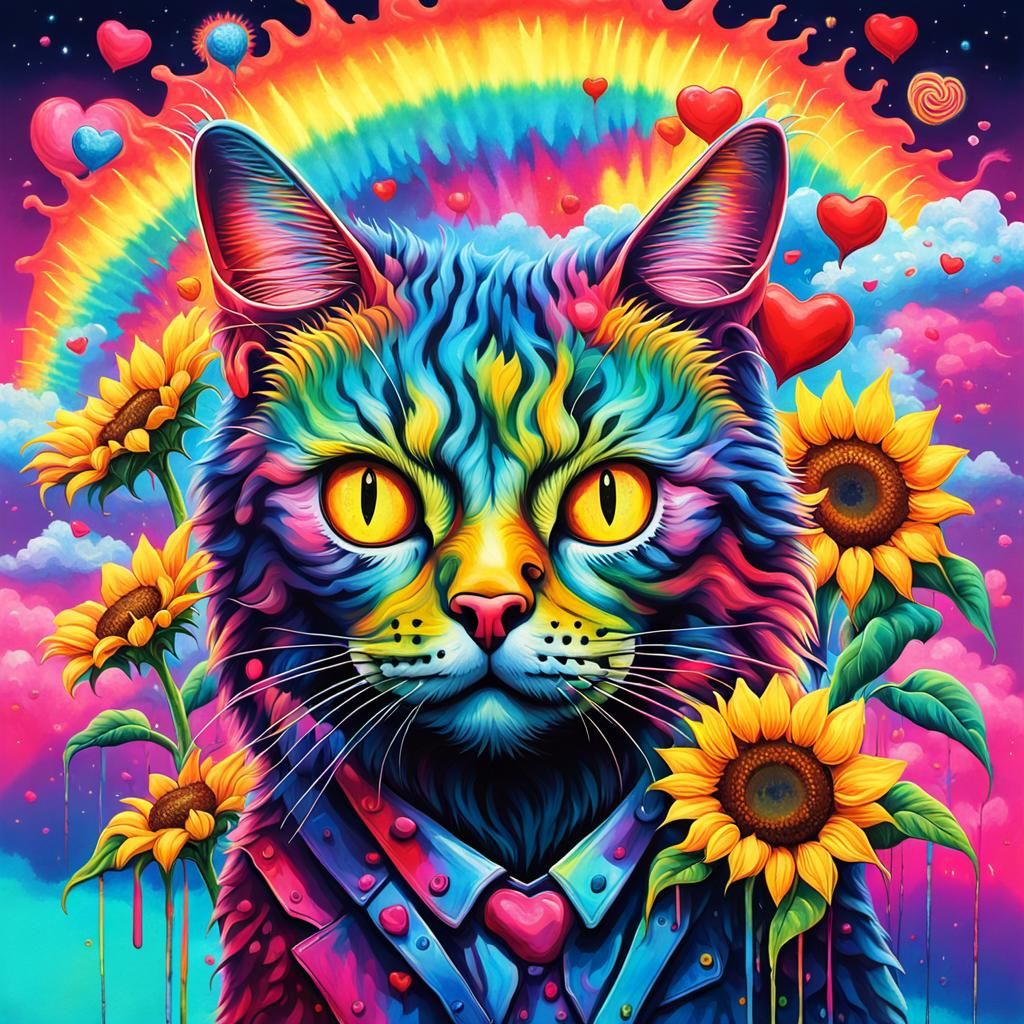 Cyberpunk Valentine Heart with Sunflowers and Fireworks