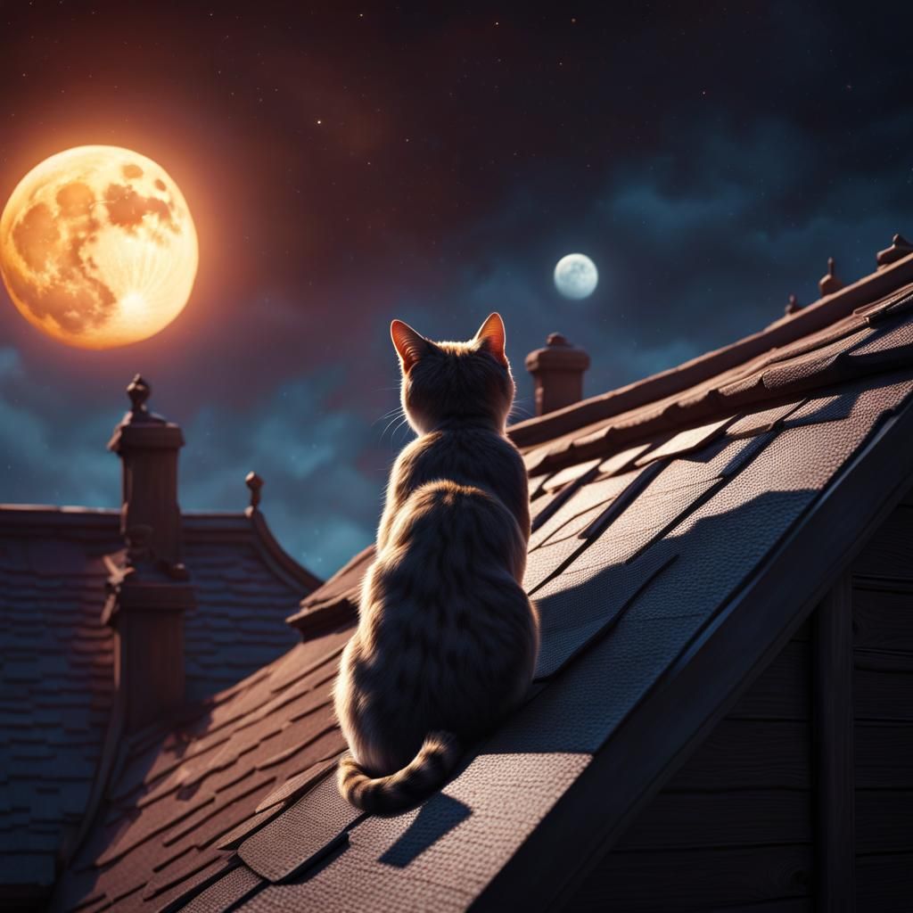 Cat Contemplates Moon: Detailed Matte Painting