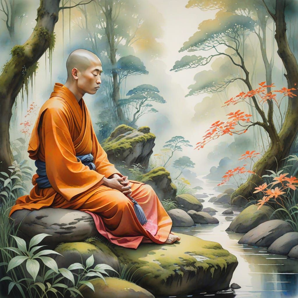 Peaceful Art Nouveau Watercolor of a Buddhist Monk in Nature
