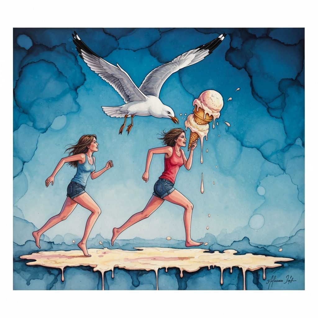 Seagull Steals Ice Cream, Woman Chases in Vivid Alcohol Ink ...