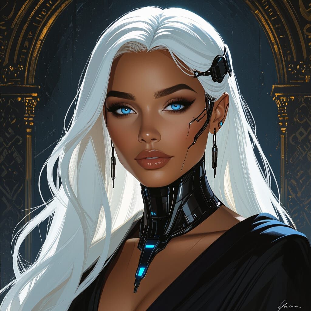 Brown Skinned Woman with White Hair and Cybernetics