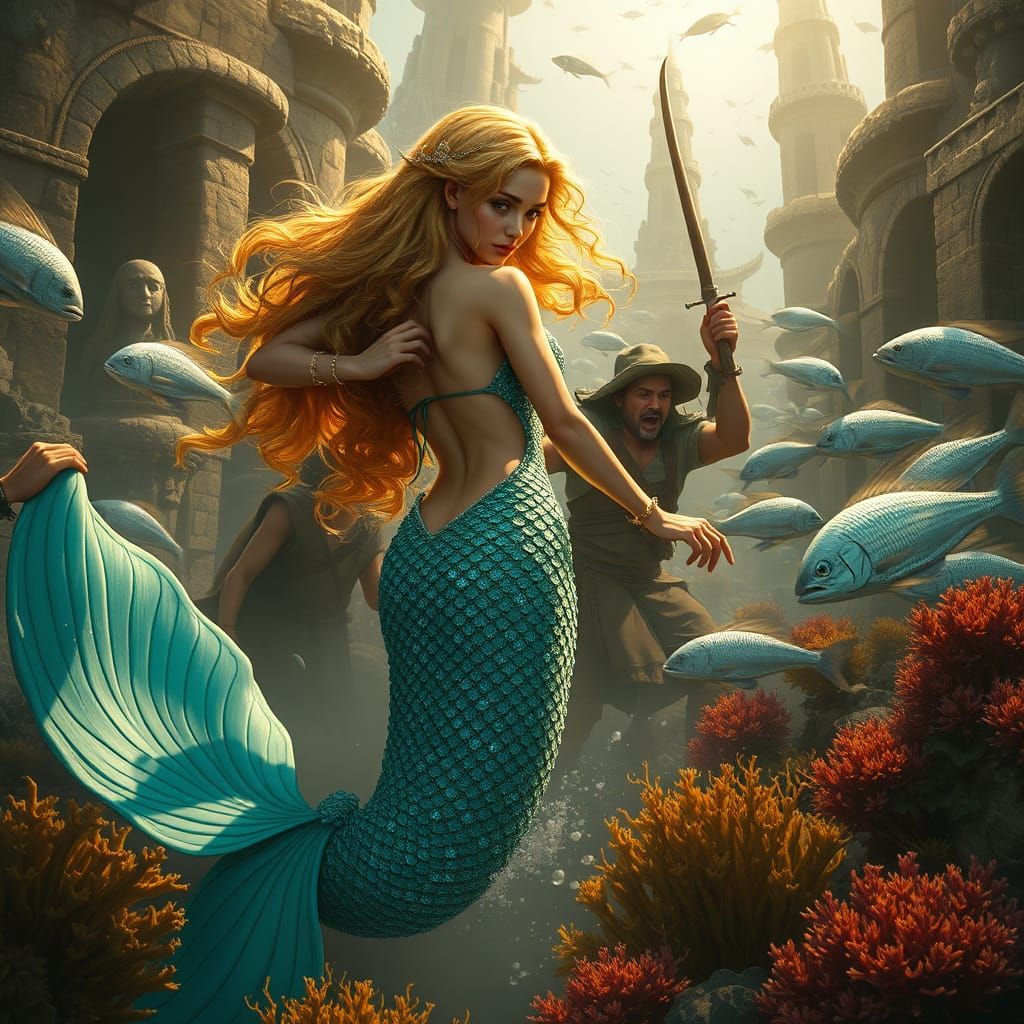 Mermaid Captured by Pirates in Vibrant, Dreamlike Underwater...