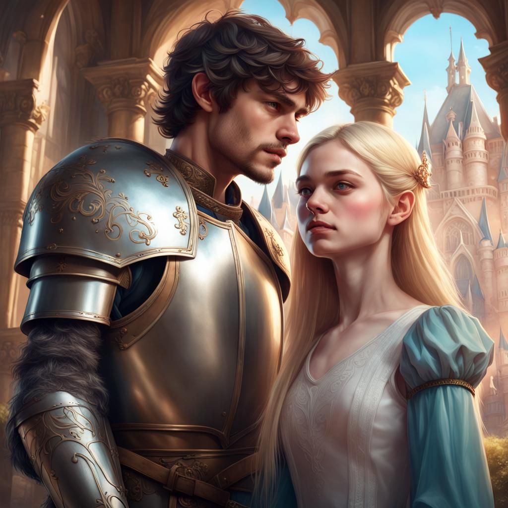 Knight and Princess Portrait in Art Nouveau Style