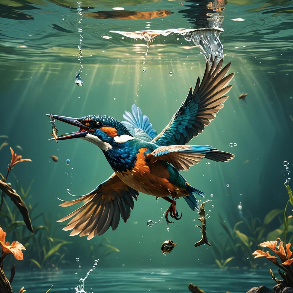 Kingfisher Sparrow Underwater Hunt: Anime Style
