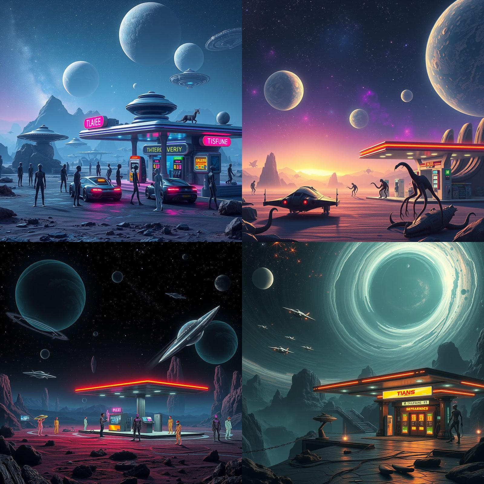 Alien Gas Station with Spaceships and Planets