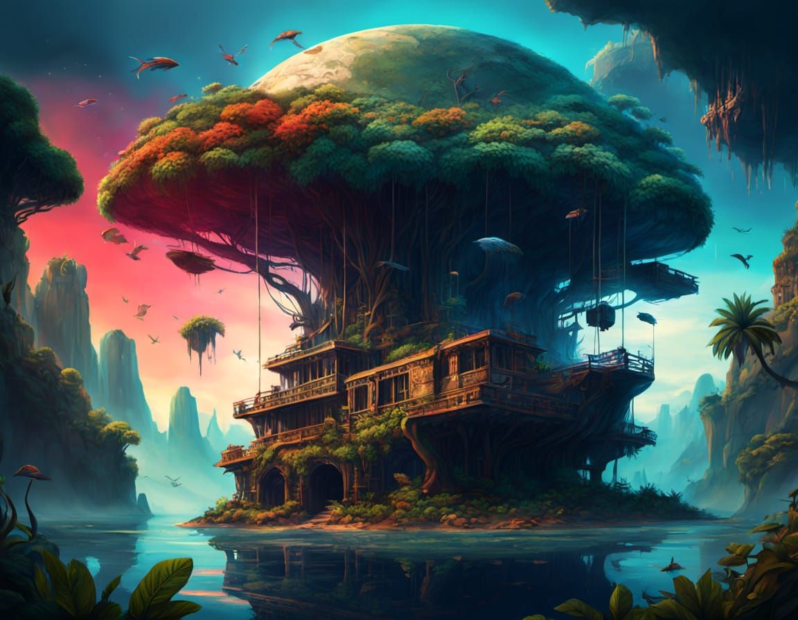Mystical Floating Island Jungle Ruins with Exotic Life