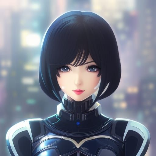 Cute Gothic Cyborg Portrait in Cyberpunk Anime Style