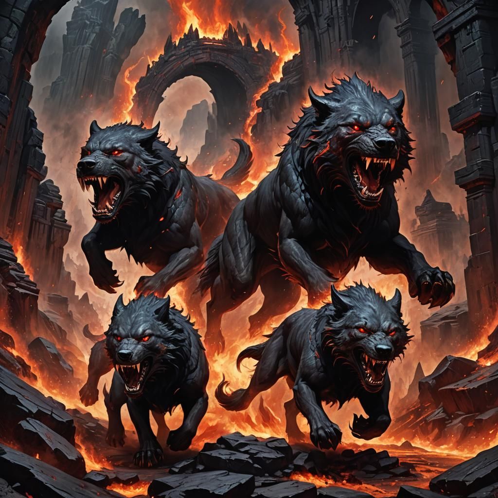 Three-Headed Dire Wolf in Dark Fantasy Landscape