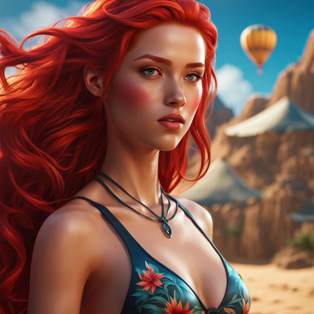 Red Hair Teenage Girl in Swimsuit: Detailed Matte Painting
