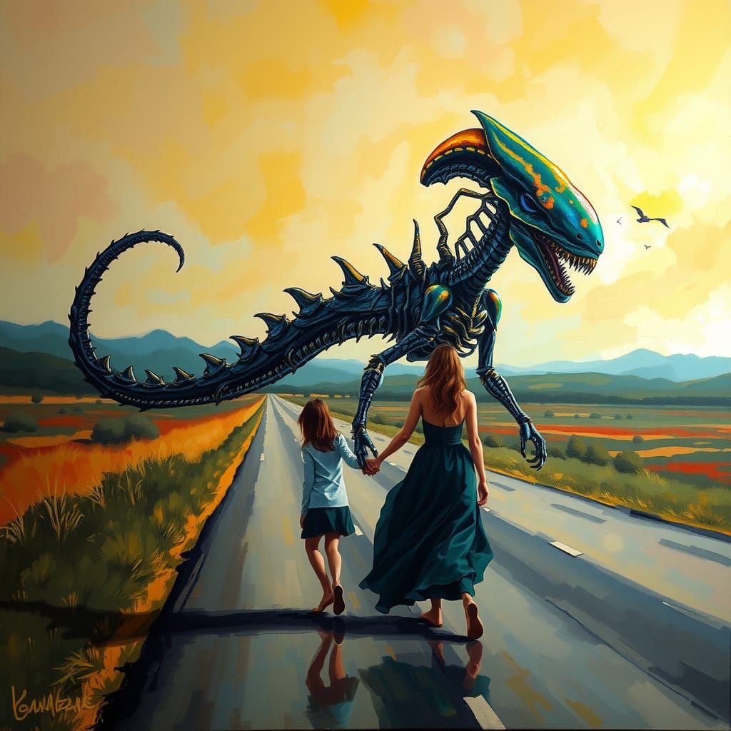 Sapphic Xenomorph in Rainbow Hues, Oil on Canvas