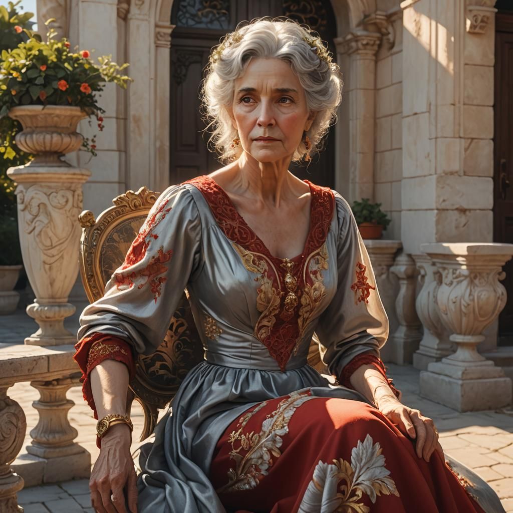 Elegant Woman on Seashore Mansion Terrace