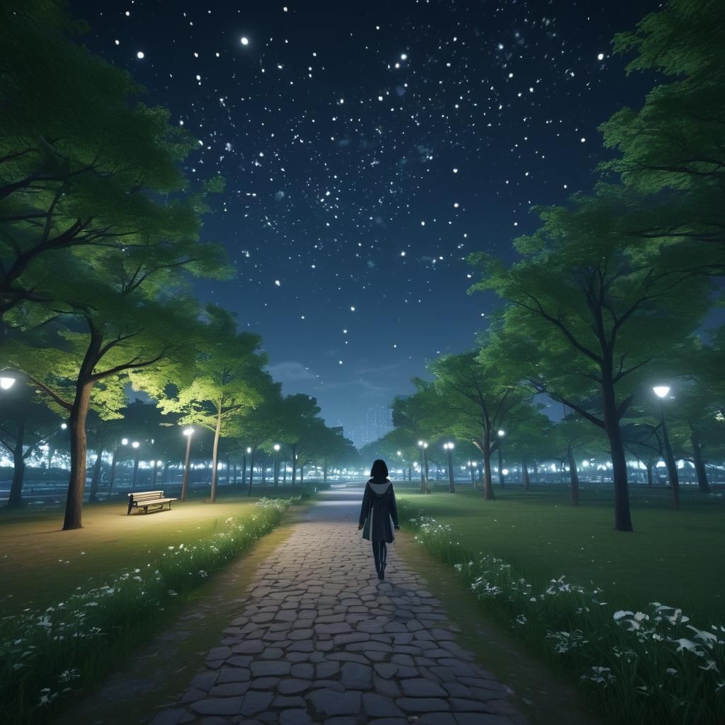 Korean Woman Walks in Starry Park, Unreal Engine