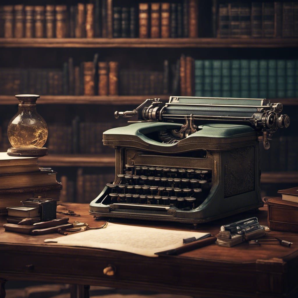 Vintage Typewriter in Library: Detailed Matte Painting