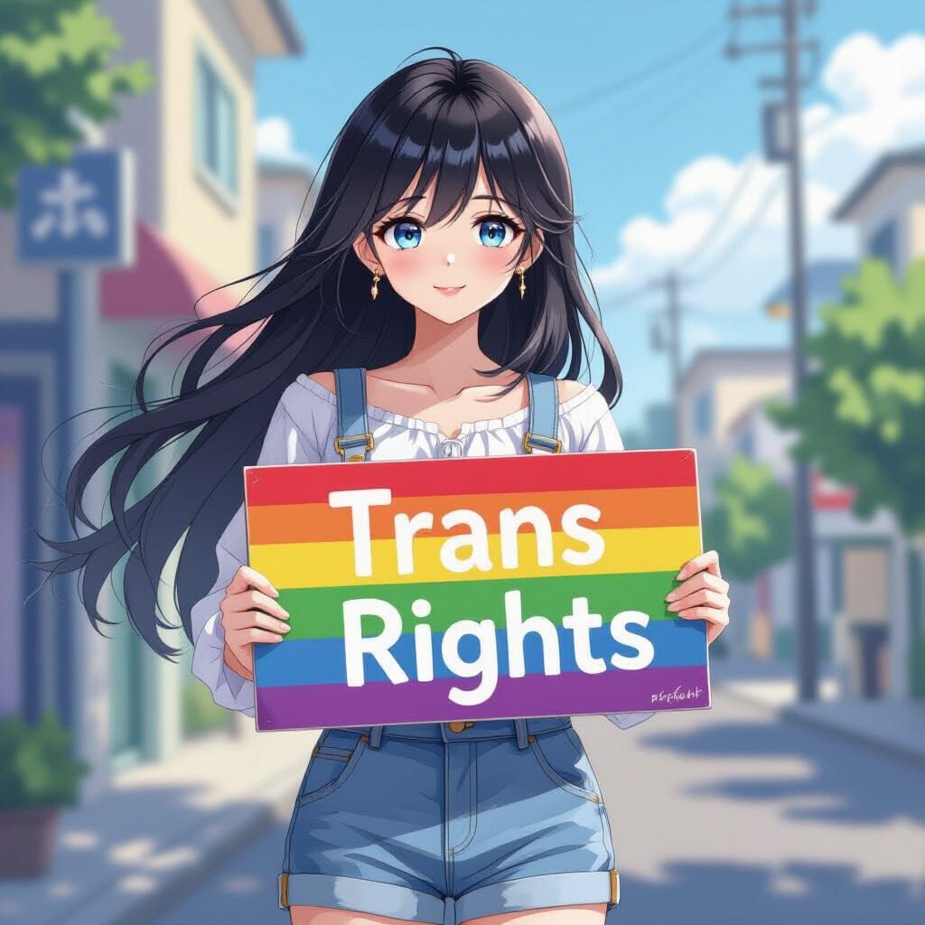 Trans Girl Holds Rainbow Sign in Anime Style