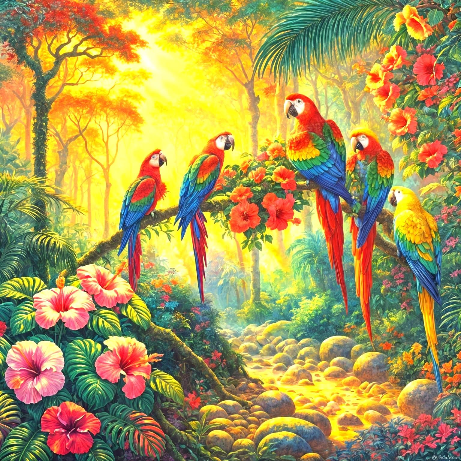 Enchanting Rainforest Scene with Rainbow Parrots in Acrylic...