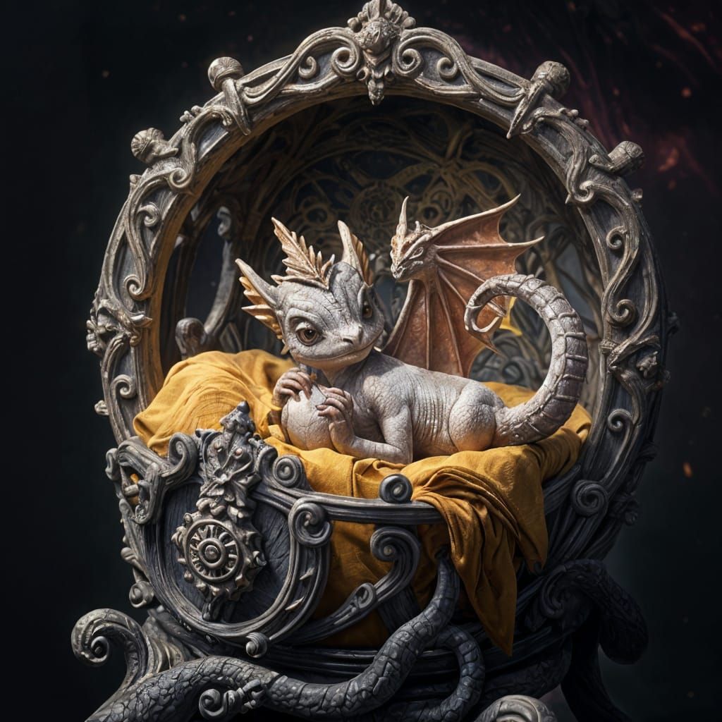Baby Dragon in Cradle: Dark Fantasy Concept Art