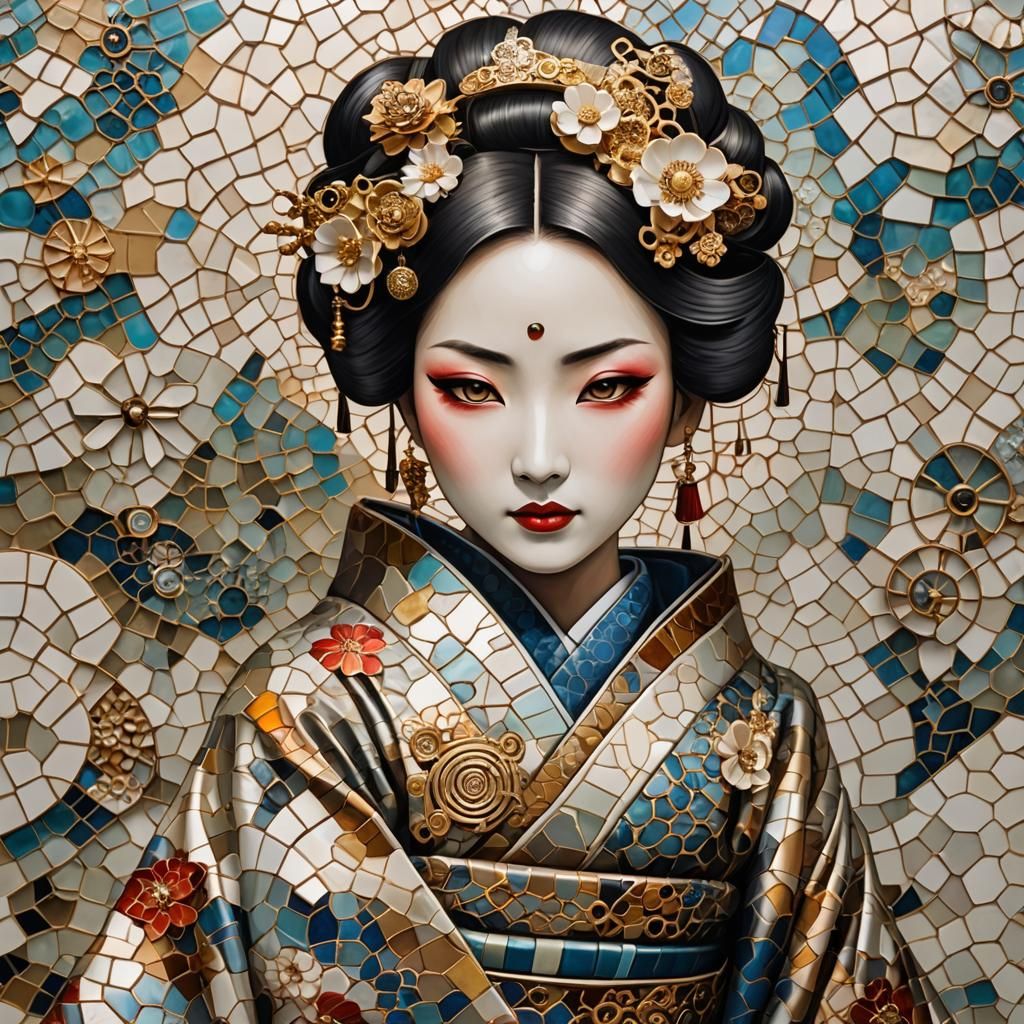 Steampunk Geisha with Mosaic Background