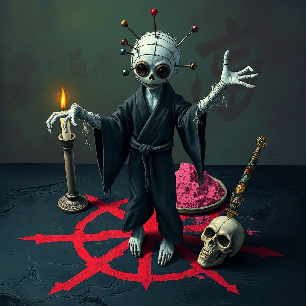 Cyberpunk Voodoo Doll Amidst Red Magikal Sigil