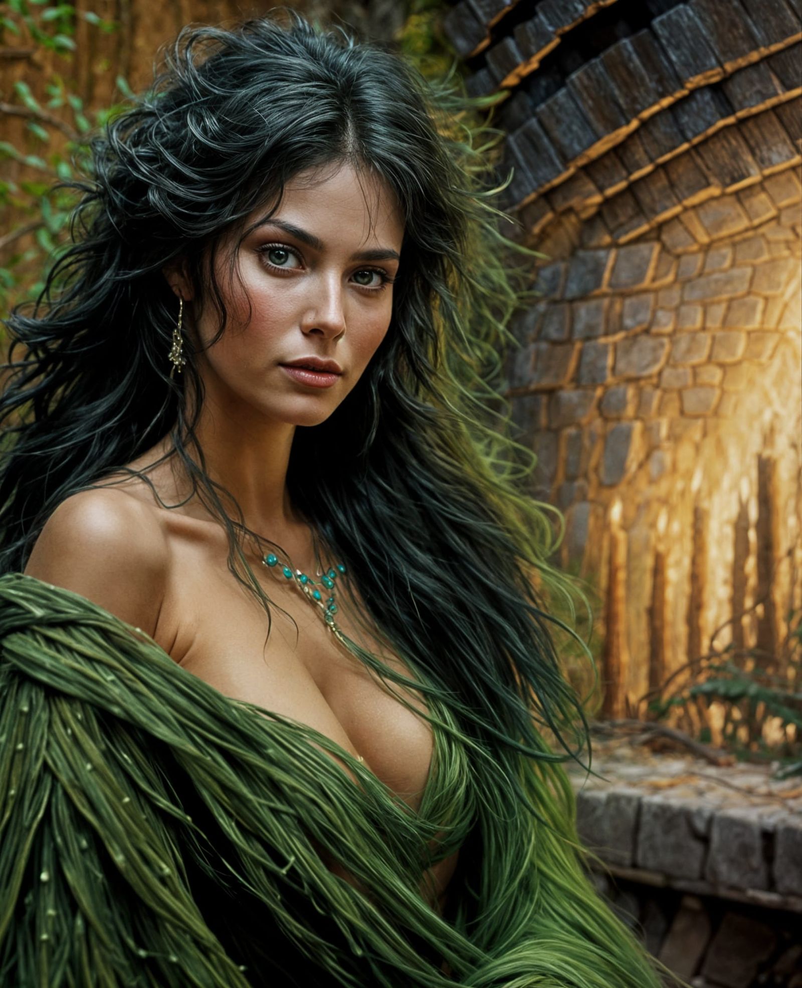 Surreal Woman by Fireplace Looks at Viewer