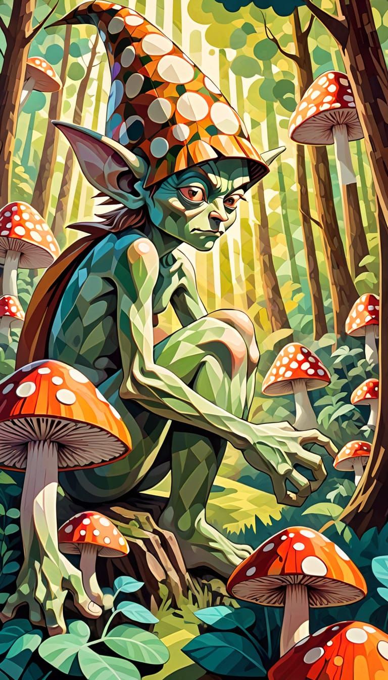 Cubist Goblin in Forest Collage with Op Art
