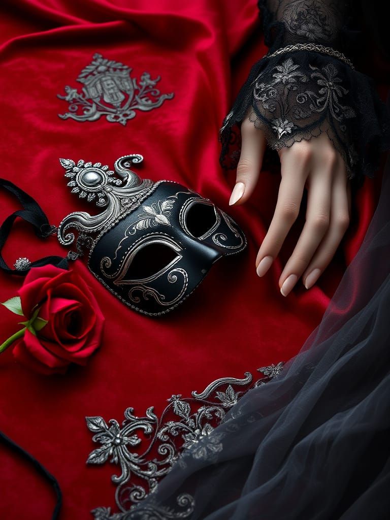 Elegant Hand Reaches for Velvet Rose in Richly Detailed Scen...