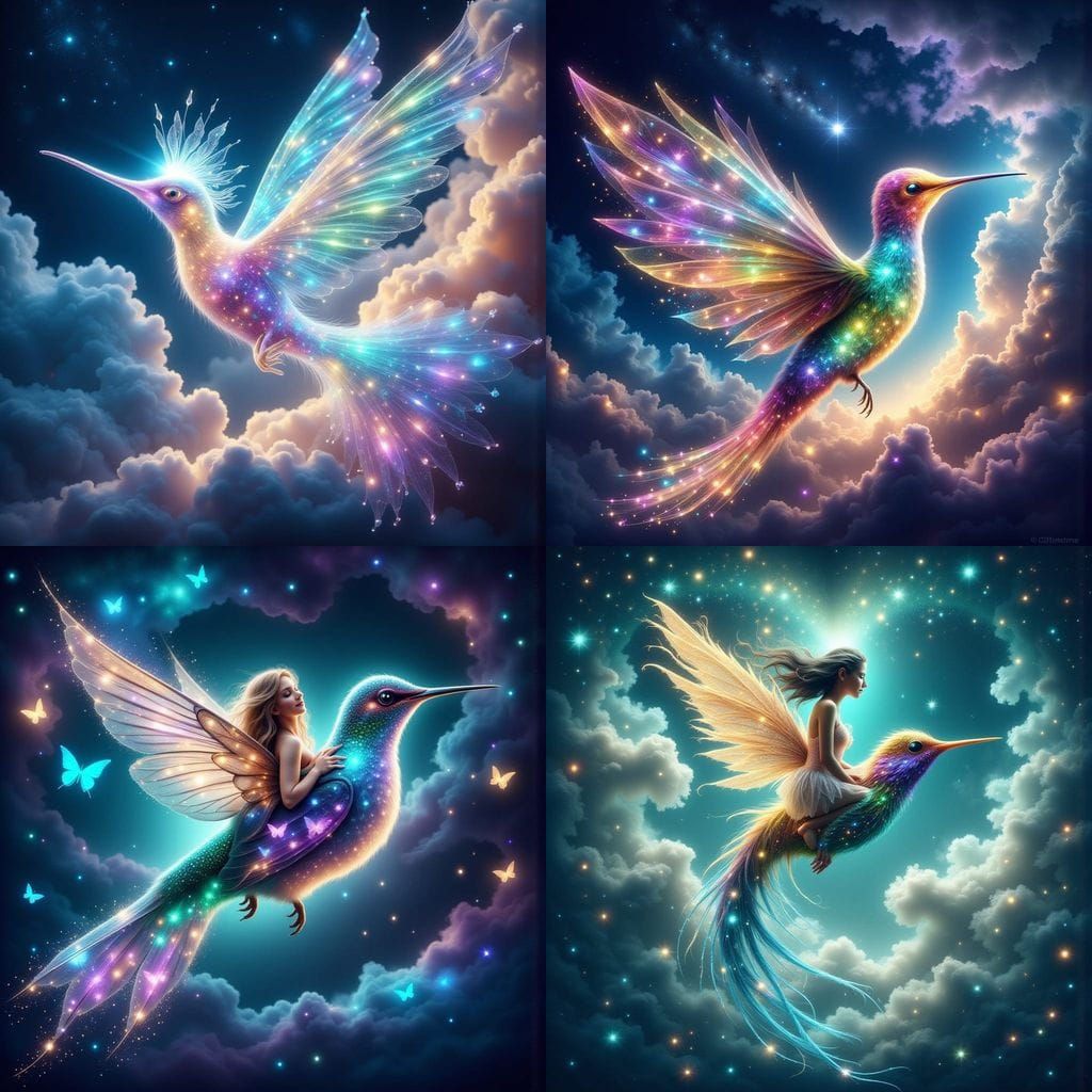 Ethereal Fairy Soars on Cosmic Hummingbird