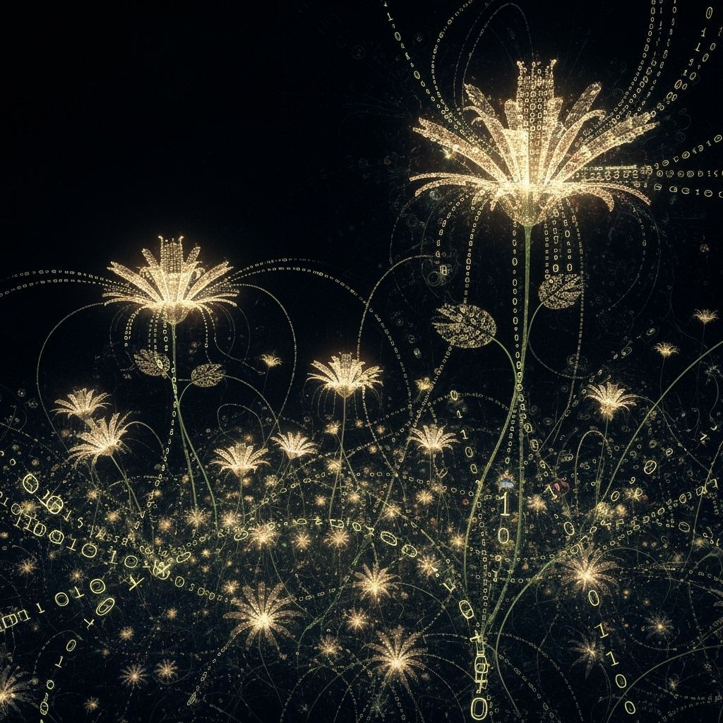 Surreal Garden of Luminous Binary Code Flowers