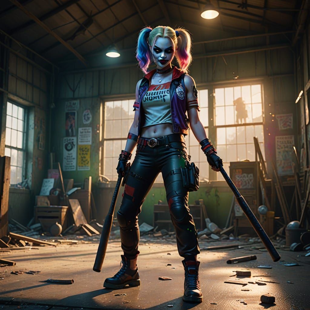 Harley Quinn Balances in Abandoned Hangar: Matte Painting