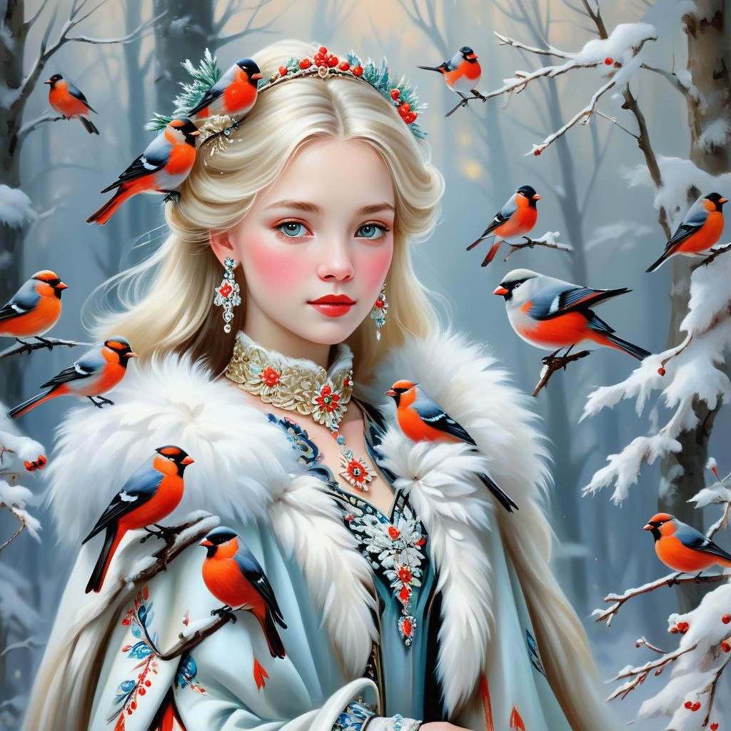 Snow Princess with Bullfinches in Winter Wonderland