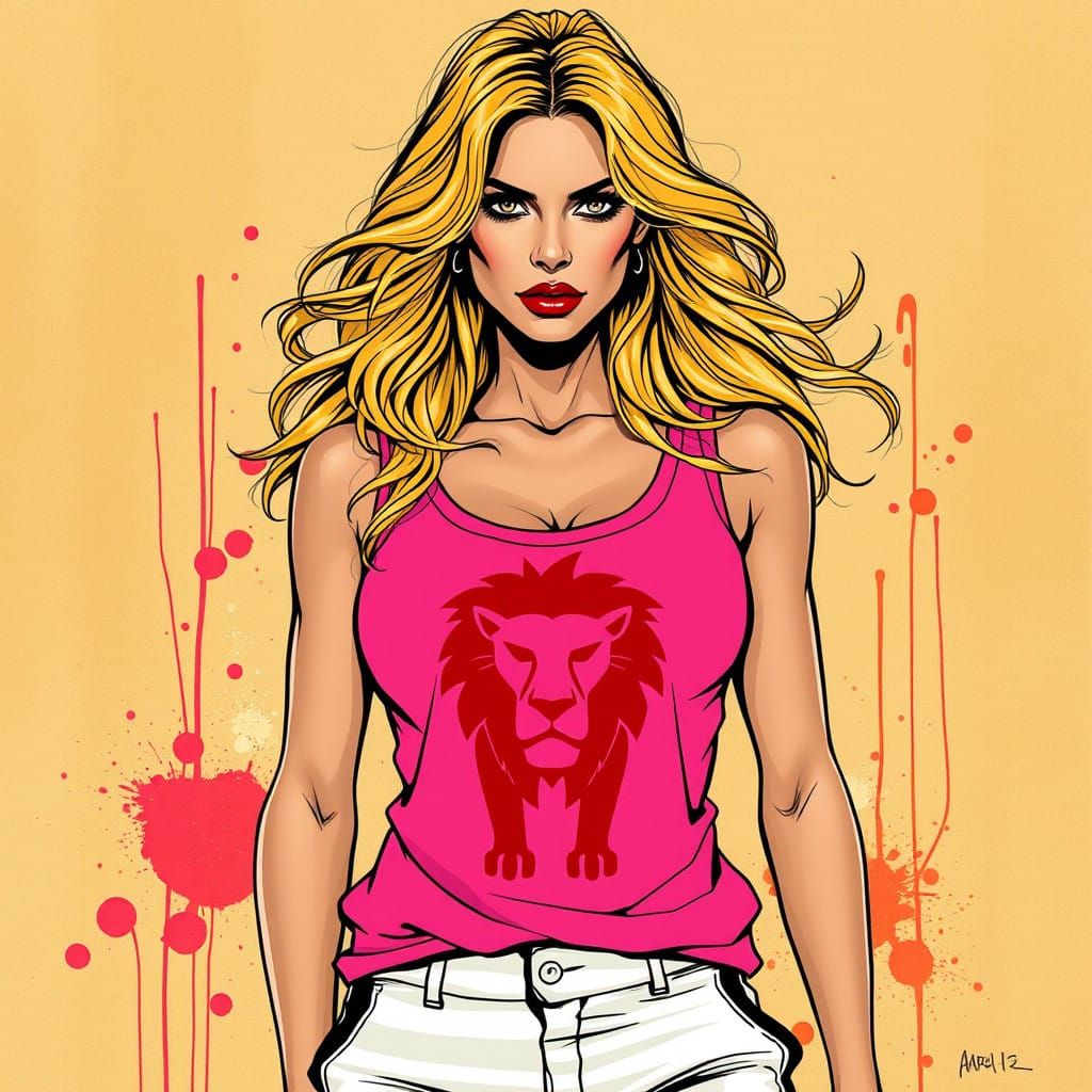 a pink top with a red stylized lion