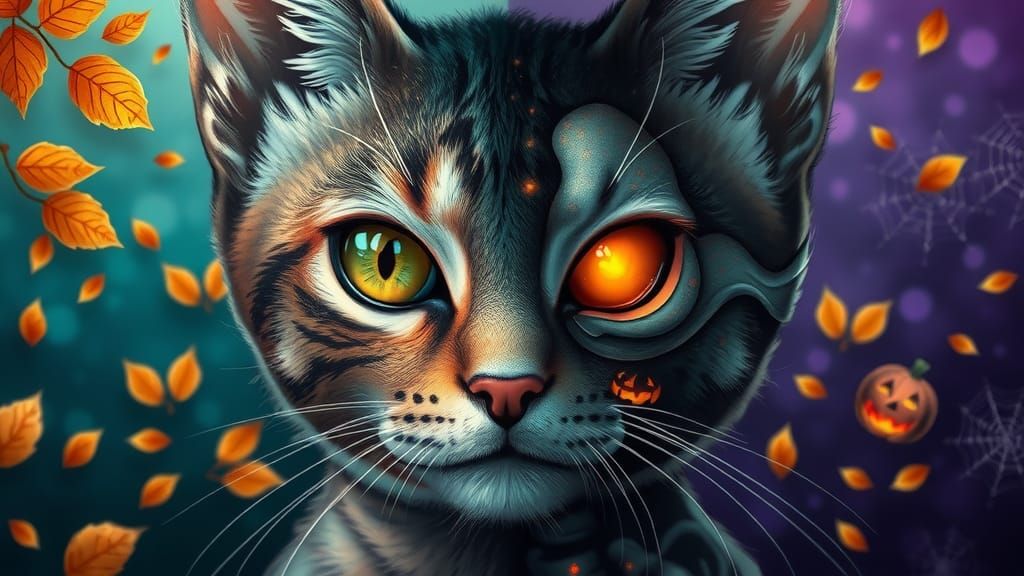 Autumn and Halloween Cat Creature in Surreal Style