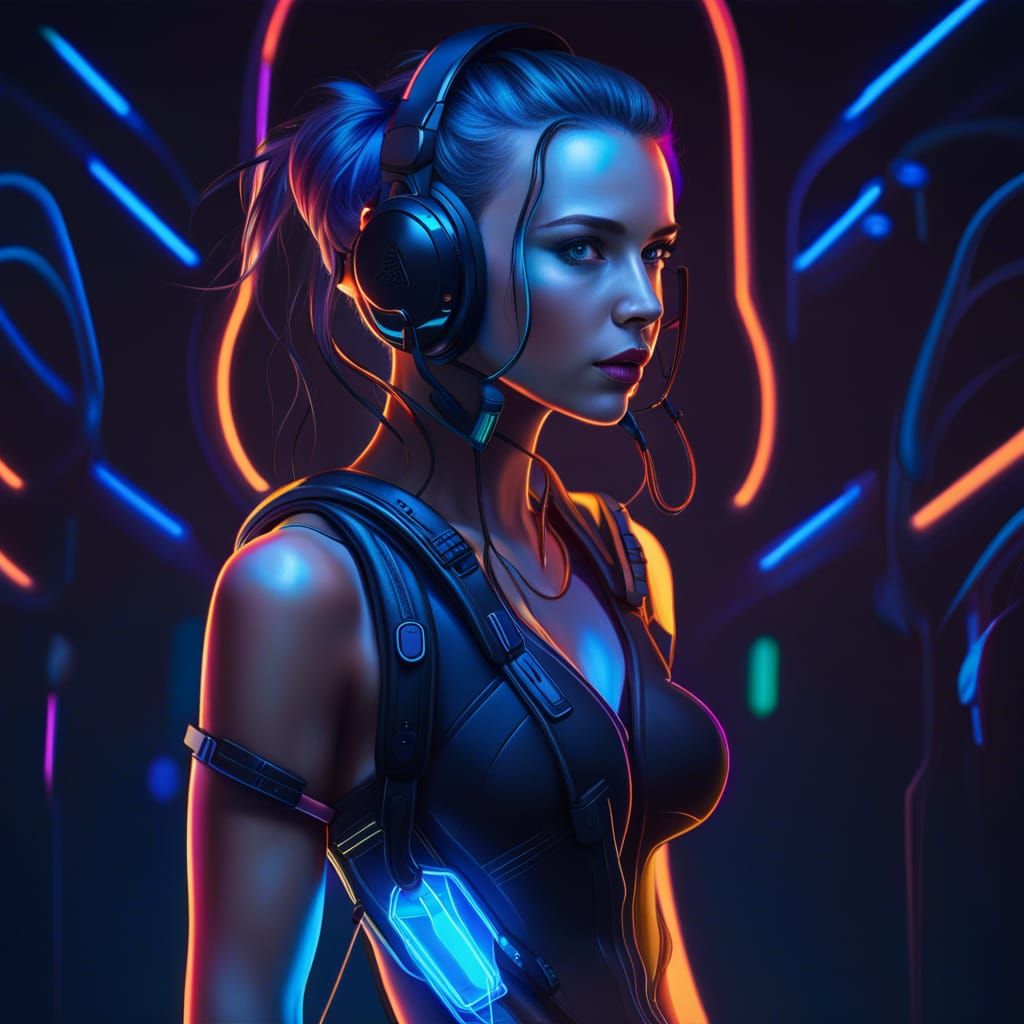 Cyberpunk Woman with Glowing Vision Pro Headset