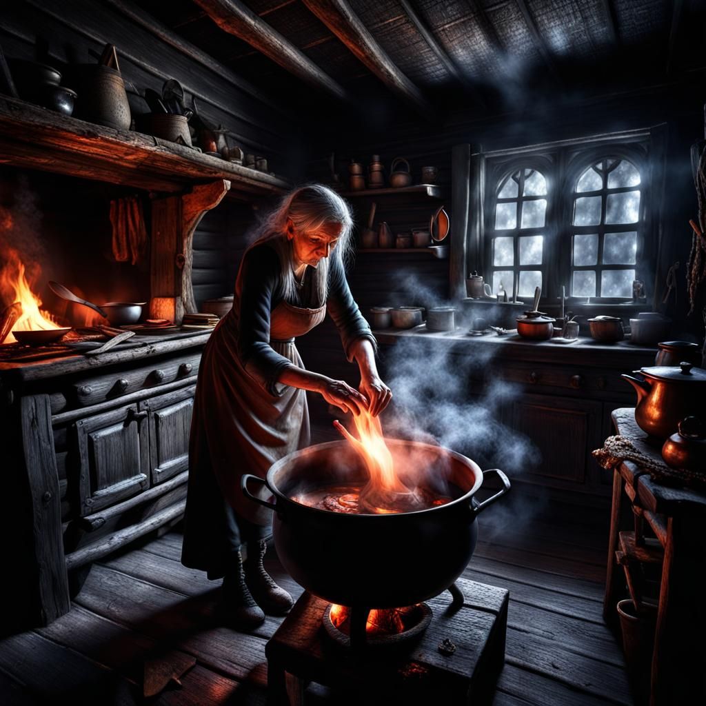Dark Witch's Cabin With Steaming Pot