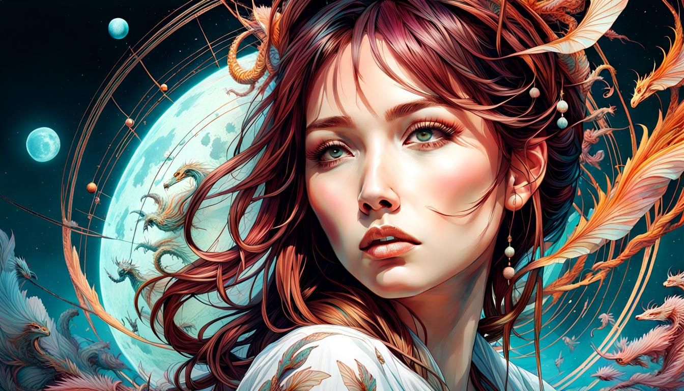 Art Nouveau Asian Woman with Dragons and Moonscape