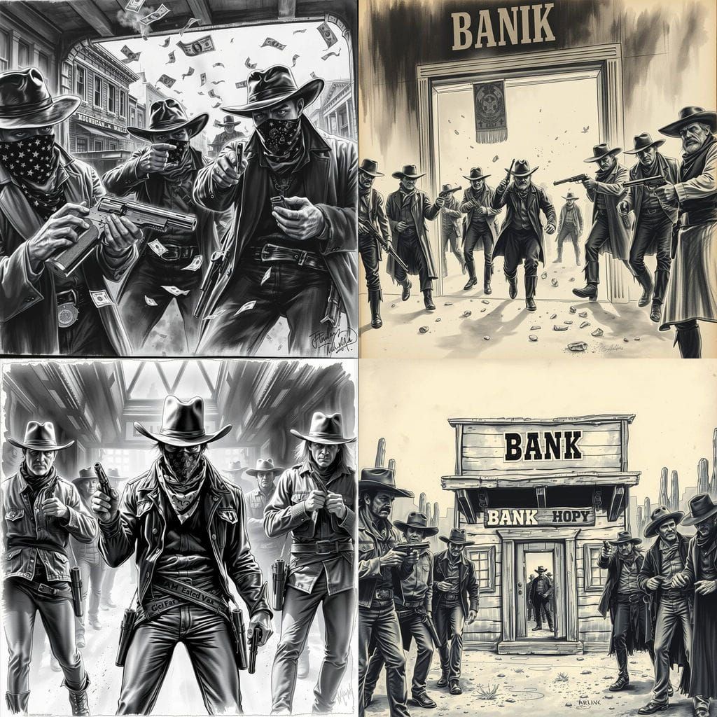Mysterious Western Bank Heist in Charcoal Drawing