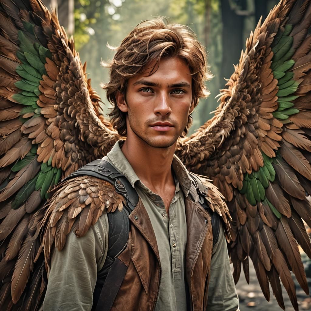 Handsome Winged Man with Tan Skin in Hyperrealistic Style