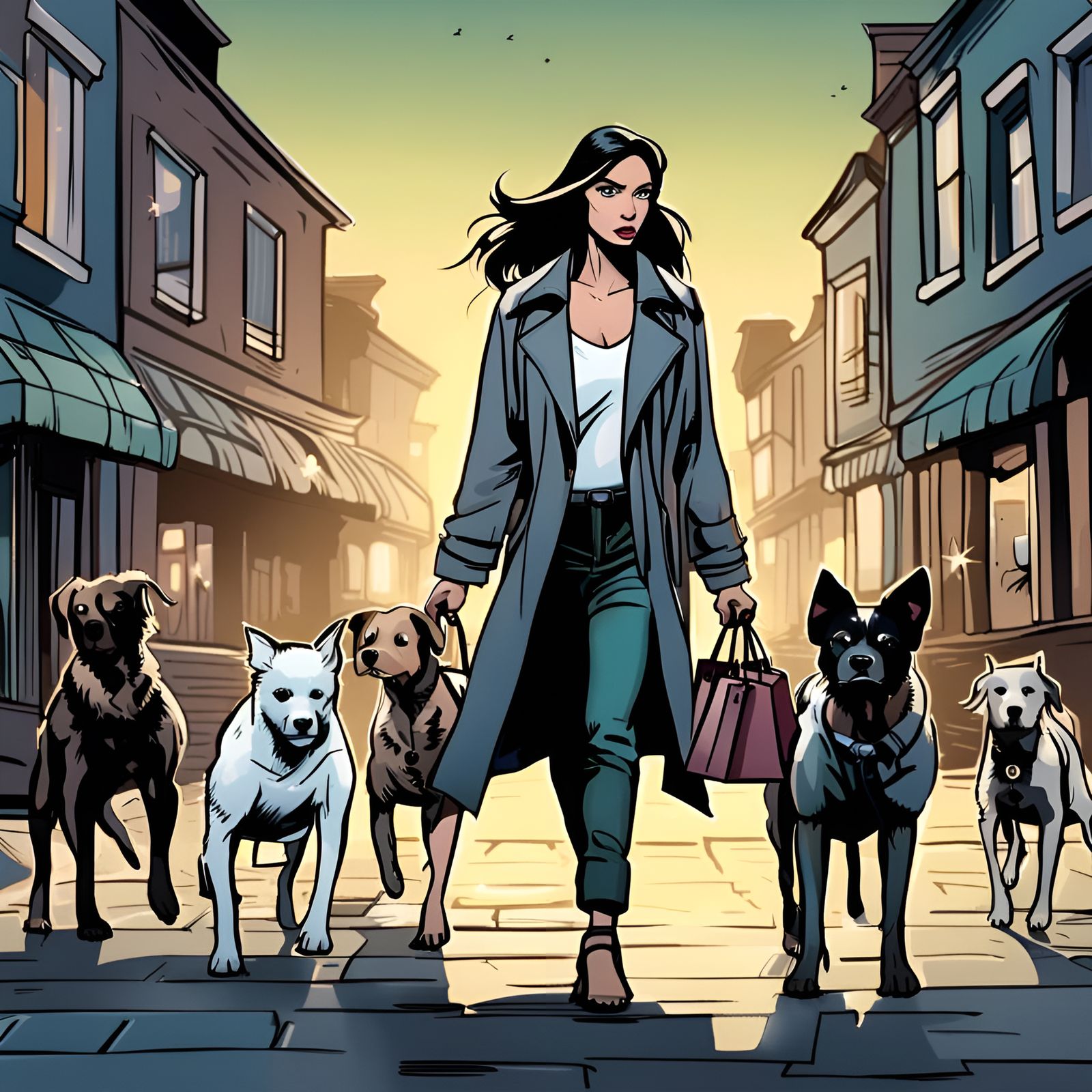 Sad Woman with Dogs in Comic Art Style