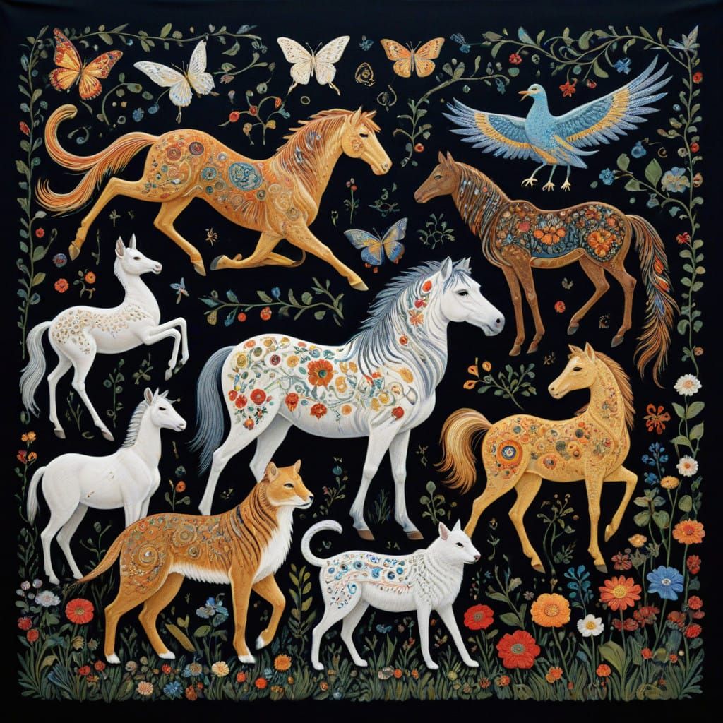 Vibrant Animal Artwork in Ukrainian Embroidery Style