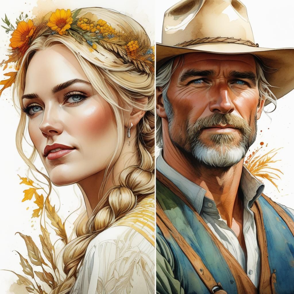 Farmers Wedding Portrait in Watercolor Style