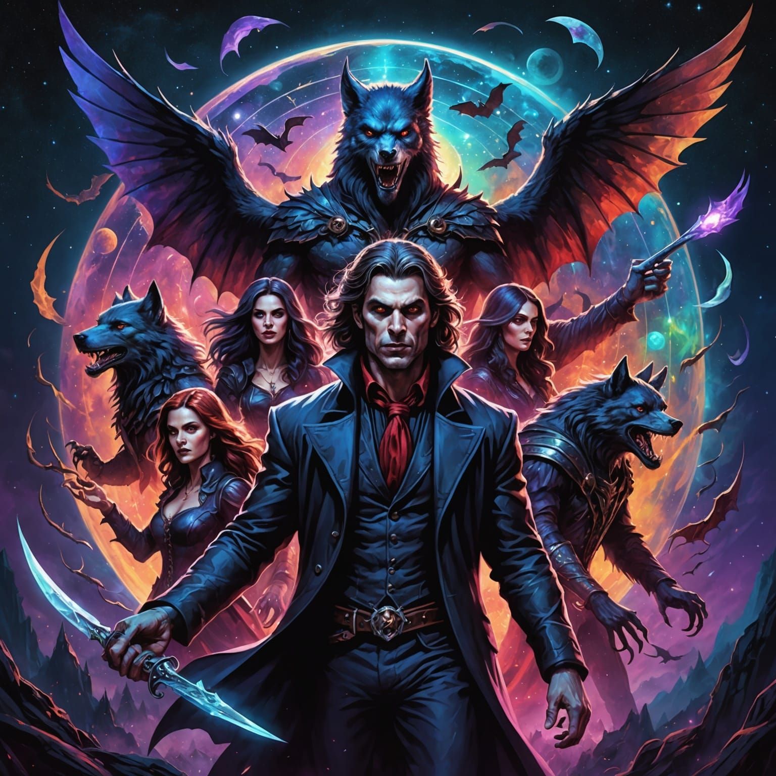 Vampires, Werewolf, and Witches in Astral Illustration