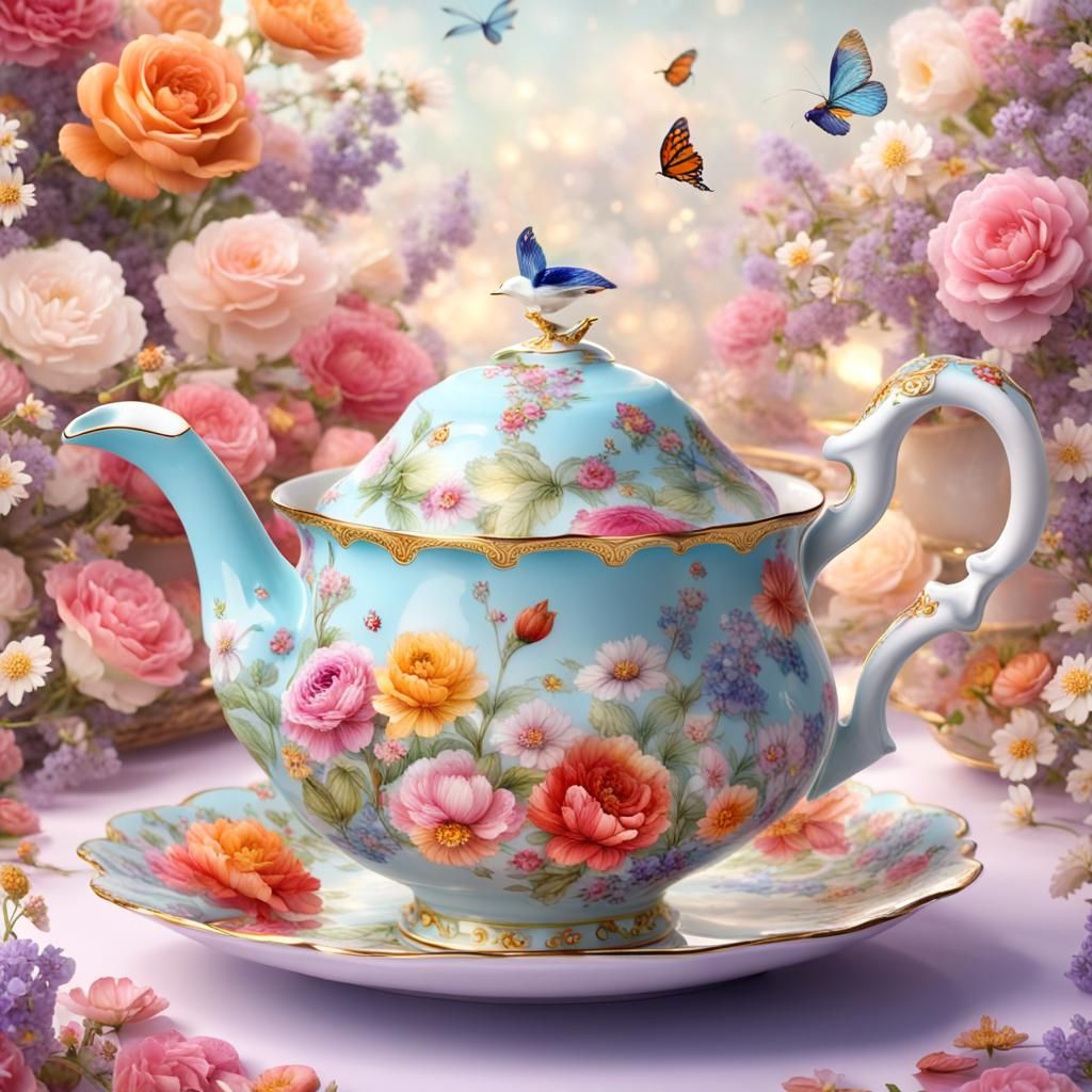 🫖, flowers flowing from the spout of the teapot, into a beautiful bone china cup and saucer, whimsical fantasy, beauti...