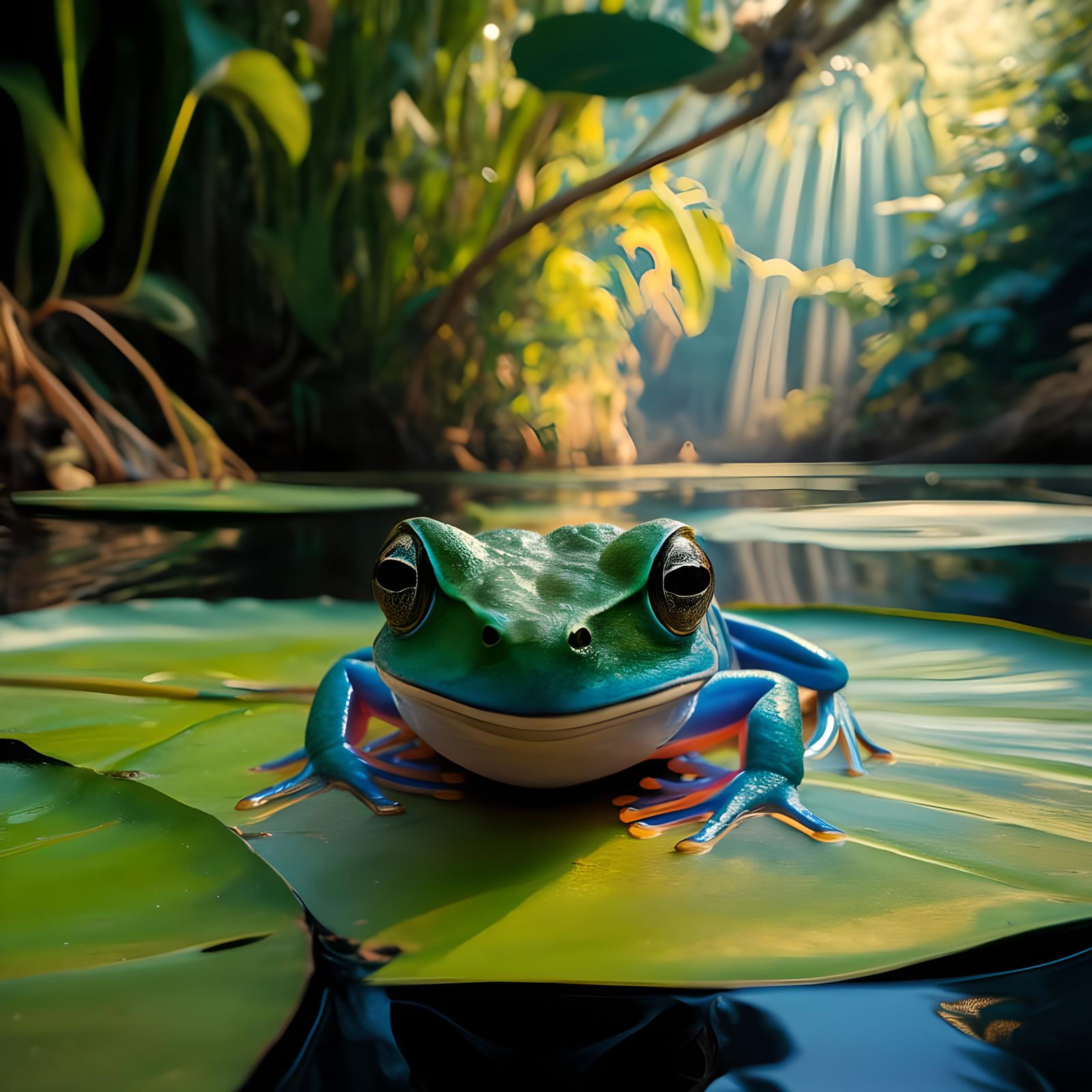 Blue Dart Frog on Lily Pad in Jungle