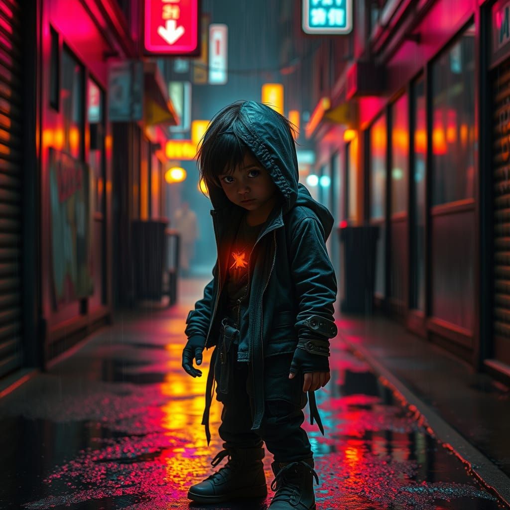 Cyberpunk Child Hiding Inner Flame in Neon Alley