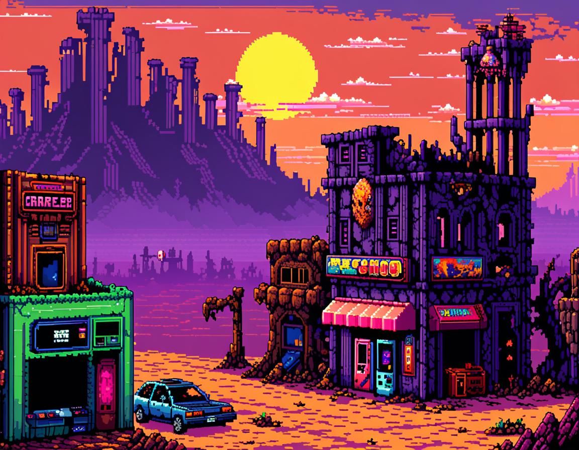 Neon Pixel Art Wasteland in Retro Style
